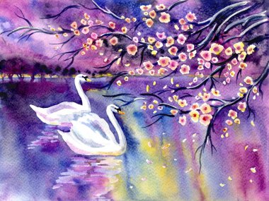 Çiçek açan sakura ve kuğuların gölde soyut, etkileyici bir şekilde yüzderken, suluboya boyama ile bahar manzarası.