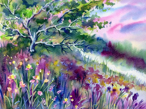 Paysage Avec Collines Arbres Fleurs Une Manière Abstraite Expressive Aquarelle — Photo