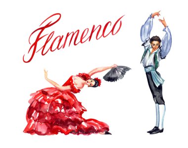 İspanyol flamenko dansçıları, bir kadın ve bir erkek ve yazıt 