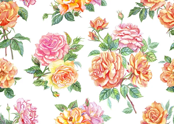 Chá Rosa Rosas Sem Costura Padrão Fundo Branco Ilustração Aquarela — Fotografia de Stock