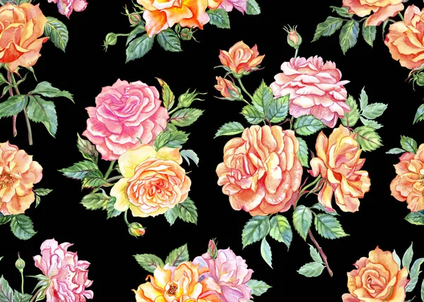 Rosas Rosadas Patrón Sin Costura Sobre Fondo Negro Ilustración Acuarela — Foto de Stock