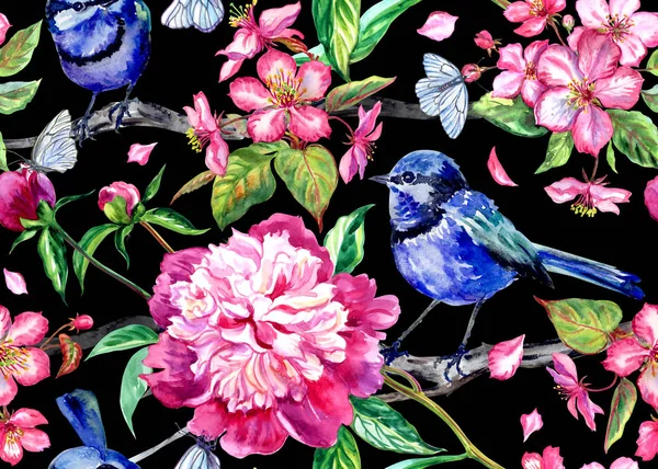 Бесшовный Рисунок Голубыми Птицами Пионами Яблочными Цветами Черном Фоне Акварельная — стоковое фото