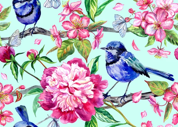 Patrón Sin Costuras Con Pájaros Azules Peonías Flores Manzana Sobre — Foto de Stock