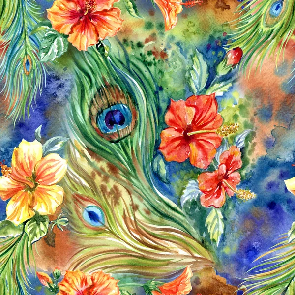 Nahtloses Muster Aus Pfauenfedern Und Hibiskusblüten Tropischer Aquarelldruck Für Stoffe — Stockfoto