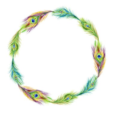 Tavus kuşu tüyleri yuvarlak çerçeve, beyaz arka plan üzerinde suluboya boyama.