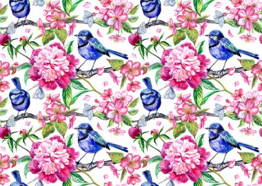 Beyaz arka plan üzerinde kuşlar, şakayık ve elma çiçekleri Dikişsiz desen, suluboya illüstrasyon, kumaş ve diğer tasarımlar için baskı.