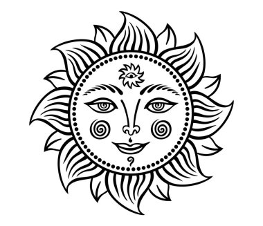 Bir insan yüzü ile güneş, grafik siyah ve beyaz Vintage tarzı çizim, vektör illüstrasyon, dövme için görüntü. Kumaş ve çeşitli tasarımlar için grafik baskı.