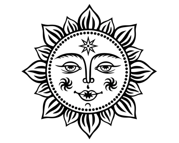 Soleil Avec Visage Humain Dessin Graphique Noir Blanc Dans Style — Image vectorielle