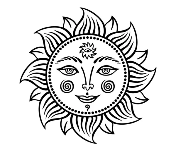Soleil Avec Visage Humain Dessin Graphique Noir Blanc Dans Style — Image vectorielle