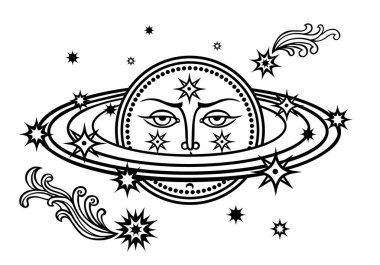 İnsan yüzü, yıldızları ve kuyruklu yıldızları olan Satürn gezegeni. Bir uzay teması, gök cisimleri, kumaş ve diğer tasarımlar için grafik siyah ve beyaz baskı, vektör illüstrasyon grafik siyah beyaz çizim.