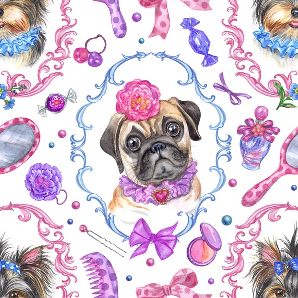 Seamless pattern with dogs-girls and women\'s accessories, watercolor illustration, various print designs. Elegant dogs, background animals and objects.