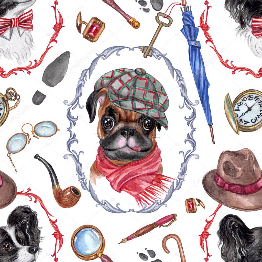 Seamless pattern in the English style with dog-boys and male accessories. Watercolor illustration on the theme of Sherlock Holmes, print for various designs. Animalistic background with dogs and objects.