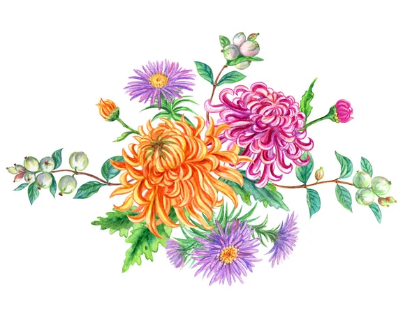 Bouquet Une Vignette Chrysanthèmes Asters Brindilles Avec Des Baies Une — Photo