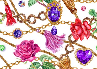 Beyaz arka plan üzerinde zincirler, fırçalar, broşlar, rhinestones ve güller Dikişsiz desen, kumaş veya diğer tasarımlar için şık baskı.