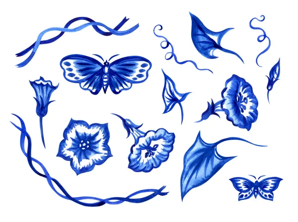 Zestaw Kwiatów Pąków Łodyg Liści Powój Motyli Niebieska Ilustracja Akwarela — Zdjęcie stockowe
