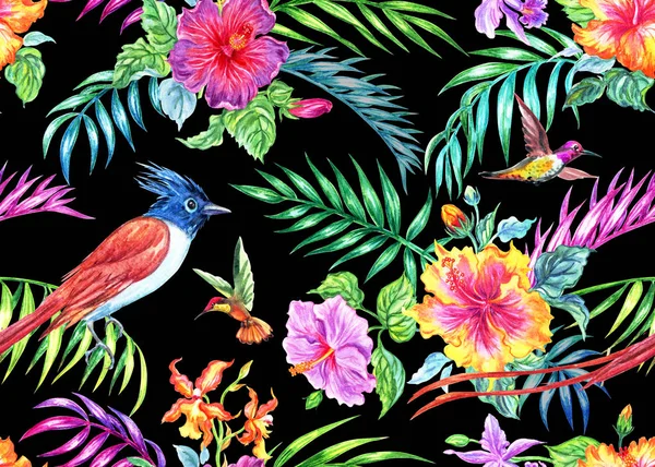 Seamless tropical pattern of hibiscus flowers, palm leaves, orchids and birds, watercolor illustration on a black background, print for fabric and other designs.