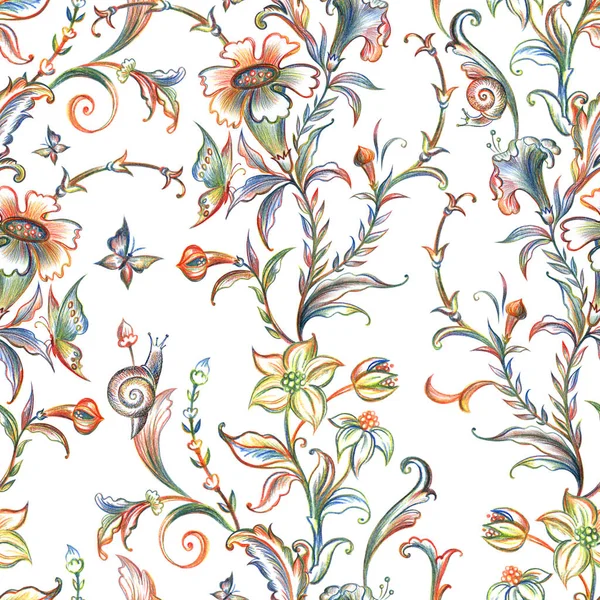 Barokní Bezproblémové Schéma Květinové Starožitné Vytištění Bílém Pozadí Ručně Vyrobený — Stock fotografie