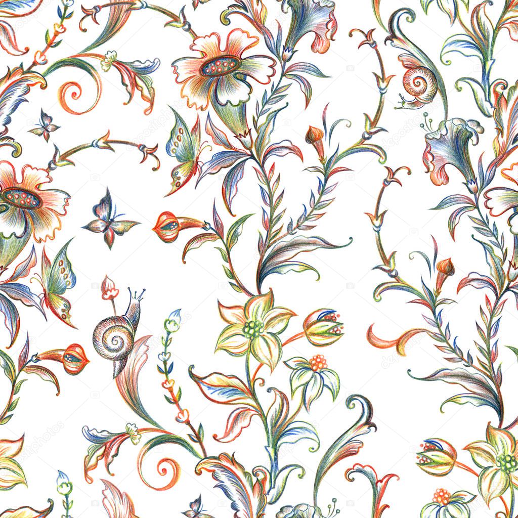 Baroque seamless pattern, floral vintage print on a white background, hand made graphic drawing