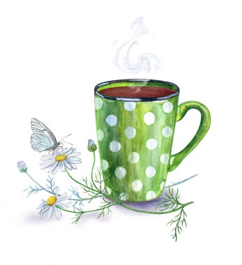 Papatya ile çay, beyaz bir arka plan üzerinde suluboya illüstrasyon. Çay, papatya çiçekleri ve kelebek fincan.