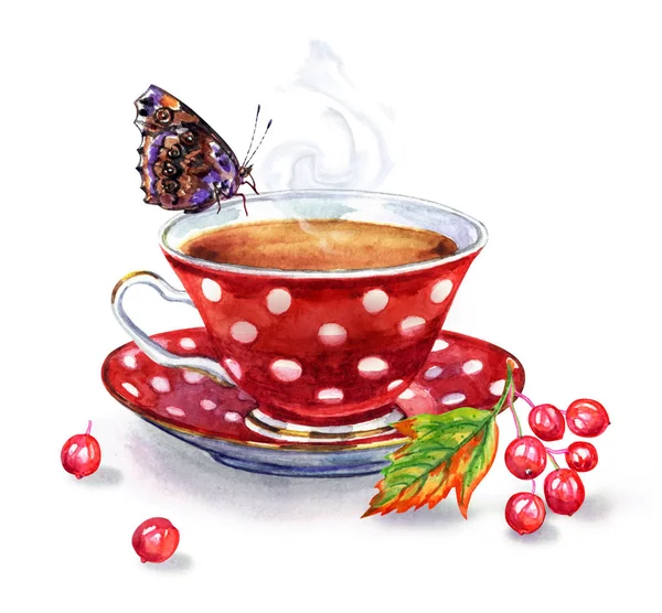 Chá Com Viburno Ilustração Aquarela Sobre Fundo Branco Uma Chávena — Fotografia de Stock