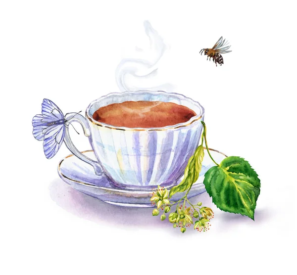 Tea with linden, watercolor illustration on a white background. A cup of tea, a branch with linden blossom, a bee and a butterfly.