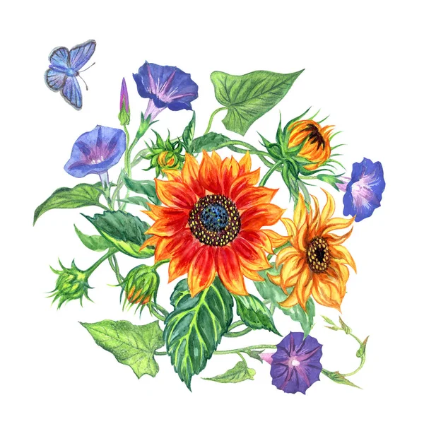Strauß Sonnenblumen Und Bindweed Aquarellmalerei Auf Weißem Hintergrund Isoliert — Stockfoto
