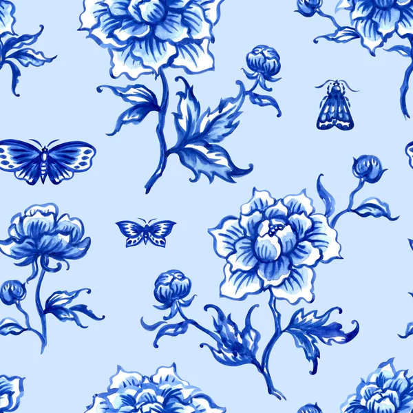 Seamless pattern of peonies and moths in Eastern or European style on a blue background. Background for porcelain painting, print for fabric and other designs.