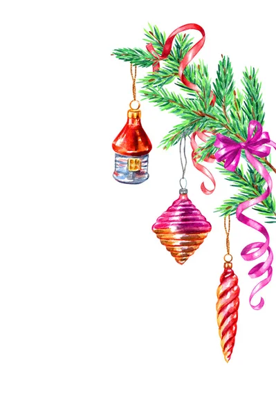 Weihnachtsbaumzweig Mit Spielzeug Aquarell Illustration Auf Weißem Hintergrund — Stockfoto