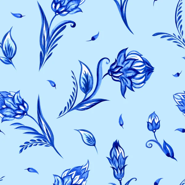 Seamless pattern of fabulous flowers in oriental or in the Dutch style on a blue background. Background for porcelain painting, print for fabric and other designs.