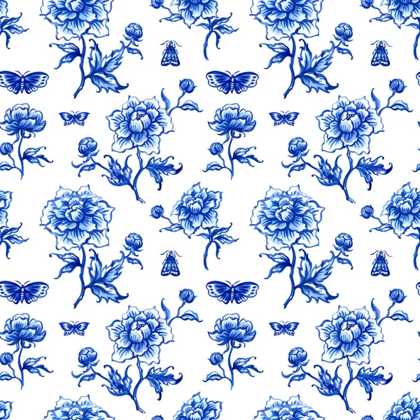 Seamless pattern of blue peonies and butterflies on a white background, watercolor print for fabric or painting for porcelain and other designs.