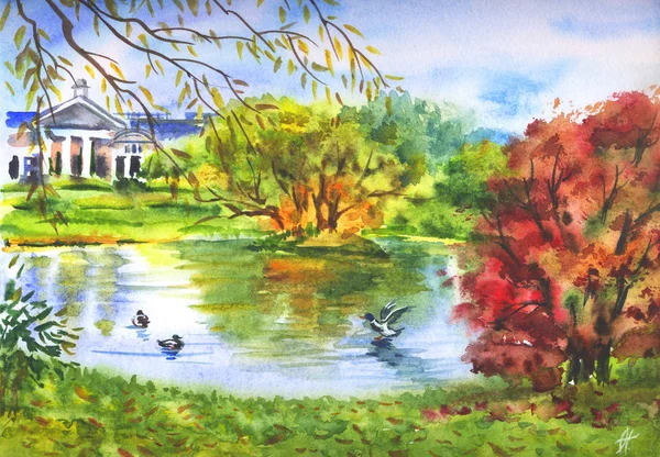 Paisagem Outono Com Uma Lagoa Palácio Patos Ilustração Aquarela — Fotografia de Stock