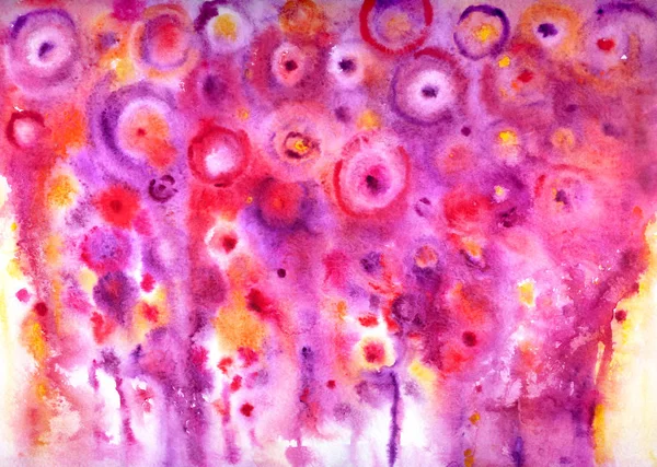 Abstract composition of circles and spots watercolor in purple and pink colors. Abstract watercolor painting, abstract print, horizontal poster, etc. Expressive flowers, fireworks.