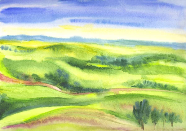 Landscape Green Valley Hills Trees Summer Landscape Watercolor Painting Abstract — Stock Photo, Image