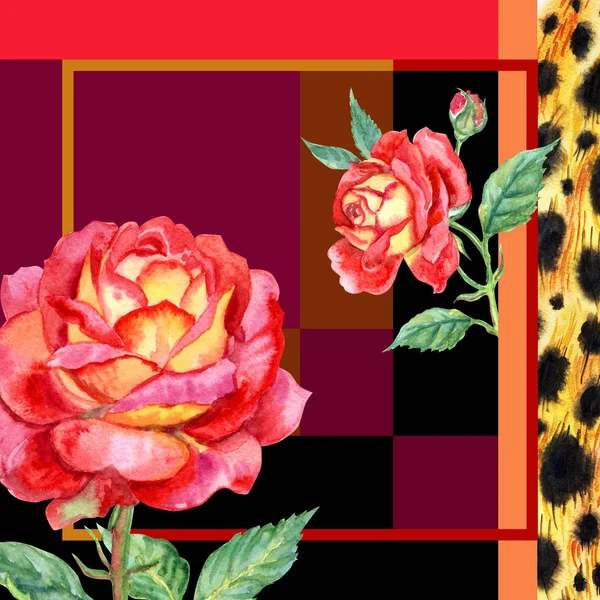 Square composition, design with roses and leopard skin, print for scarf or fabric, greeting card, etc.