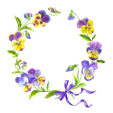 Pansies yuvarlak çerçeve, suluboya illüstrasyon. Düğün davetiyeleri ve kartları için çiçek arka plan, kumaş ve diğer tasarımlar için baskı.