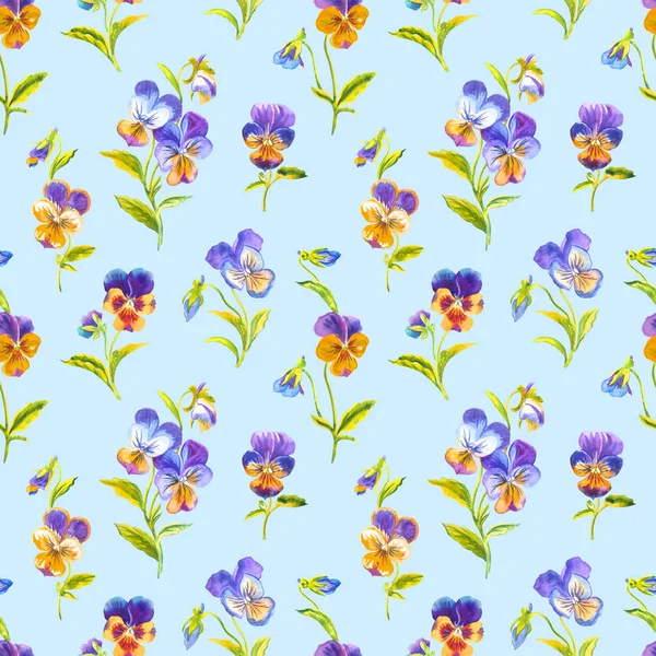 浅蓝色背景的无缝花纹图案 水彩插图 用于织物和其他设计的花卉印花 — 图库照片