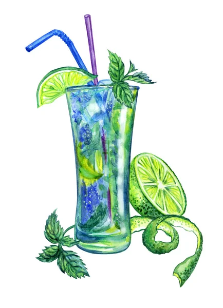 Mojito cocktail, watercolor drawing on white background, isolated with clipping path.