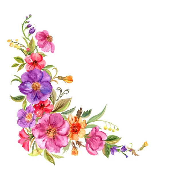 Акварельний Кутовий Орнамент Яскравих Квітів Квітковий Елемент Рамки Вітальних Листівок — стокове фото