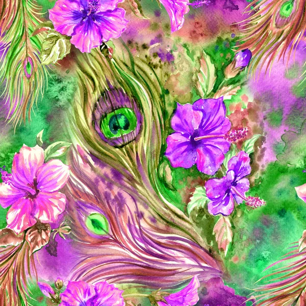 Bezszwowy Wzór Pawich Piór Hibiskus Fioletowe Kwiaty Jasny Tropikalny Druk — Zdjęcie stockowe