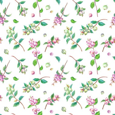 Beyaz bir arka plan üzerinde çilek ve karmersin sprigs Dikişsiz desen. Kartlar ve diğer tasarımlar için kumaş arka plan için suluboya çiçek baskı.
