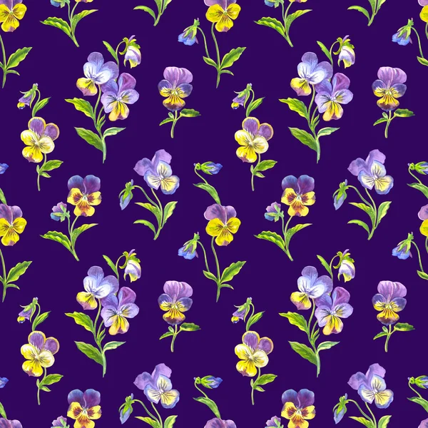 紫色の背景にパンジーのシームレスなパターン 花の水彩イラスト 生地や他のデザインのためのプリント — ストック写真