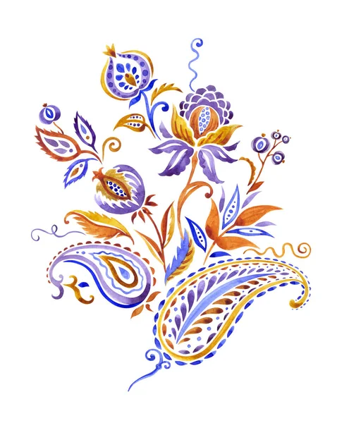 ペイズリースタイルの花束 デザインのための装飾的な組成 孤立した白い背景に水彩画 — ストック写真