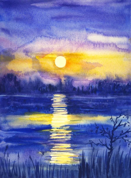 Lunar path on the water in the darkness of night. Evening landscape with the moon, river and shore, watercolor painting.