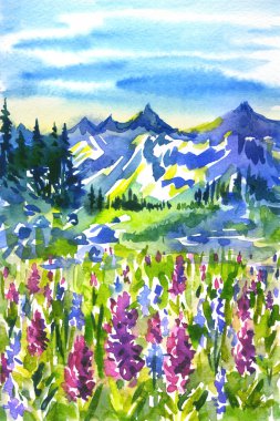 Dağların arka planında çiçek açan çayır. Önplanda çiçek açan bir alan olan dağ manzarası, suluboya çizimi.