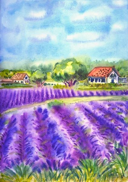 Provence Landschap Met Lavendelveld Een Huis Aquarel Schilderen Provence Stijl — Stockfoto