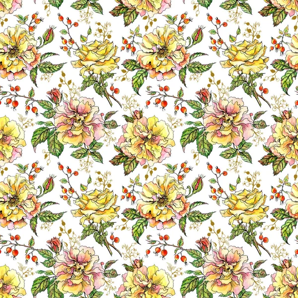 Seamless Pattern Yellow Roses Twigs Berries White Background Watercolor Drawing — ストック写真