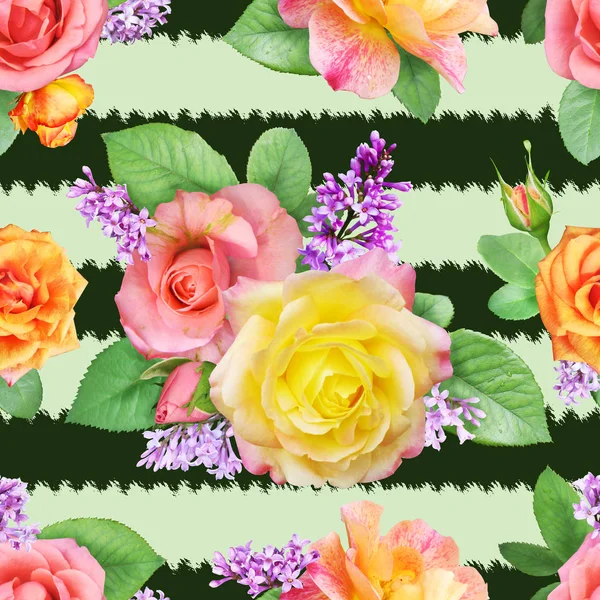 Nahtloses Muster Aus Rosen Und Flieder Auf Gestreiftem Hintergrund Fotorealistische — Stockfoto