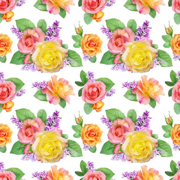 Seamless Pattern Roses Lilacs White Background Photorealistic Collage — Stock Photo, Image