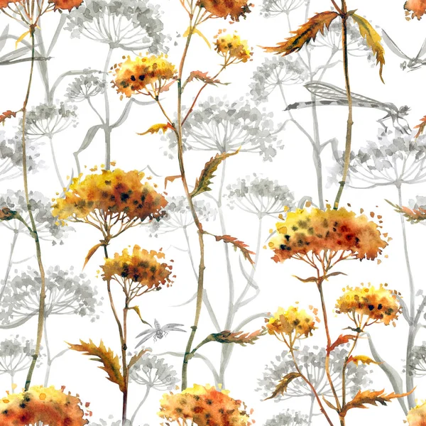 Bezešvé Vzor Abstraktní Deštník Rostlin Vážky Bílém Pozadí Akvarel Ilustrace — Stock fotografie