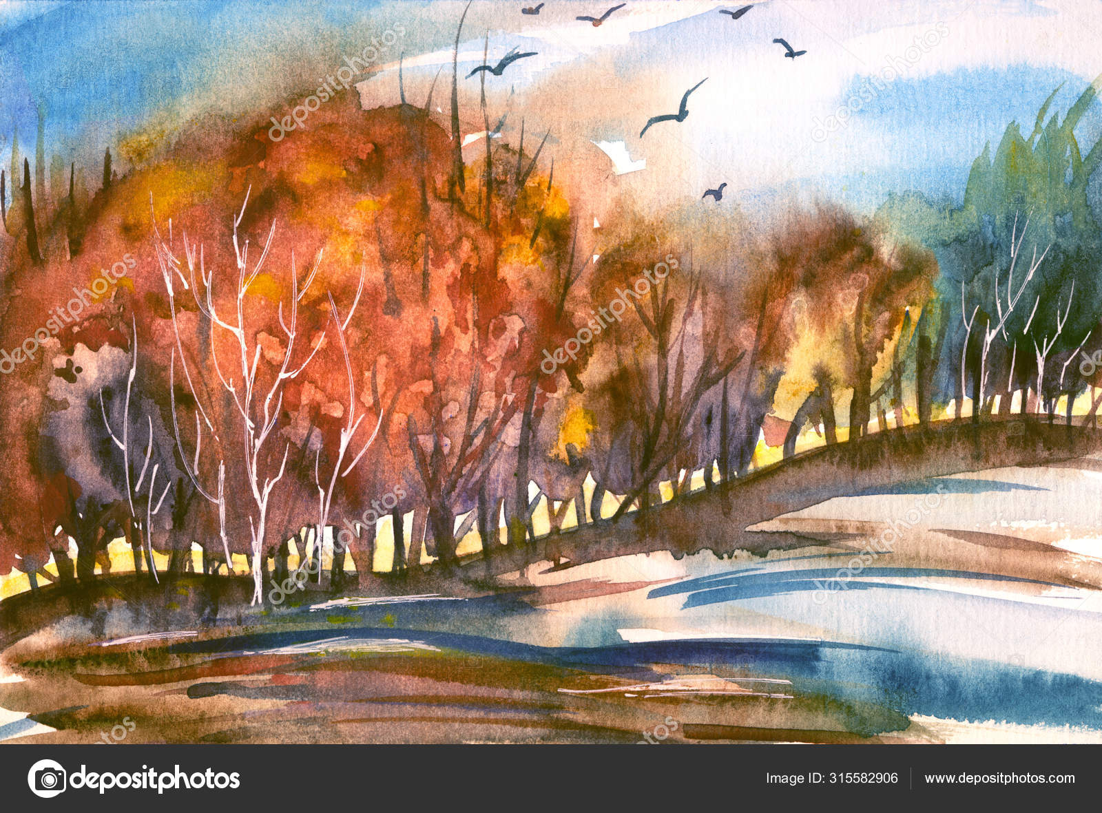 秋の抽象的な風景 水彩画 葉の秋 10月の自然— ストック